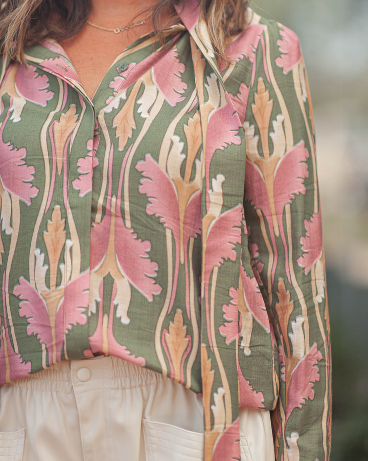 Paris Floral Tie Neck Top-Olive