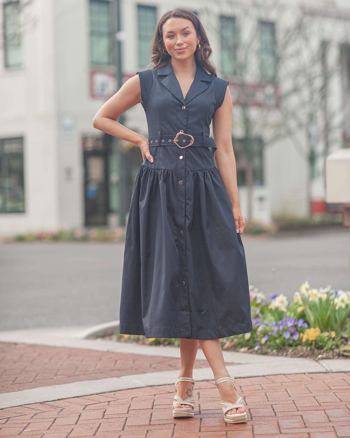 Olivia Belted Midi Dress-Navy