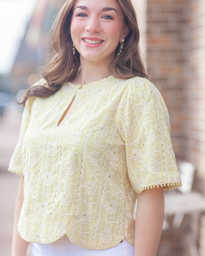 Eleanor Scallop Embroidery Top-Yellow