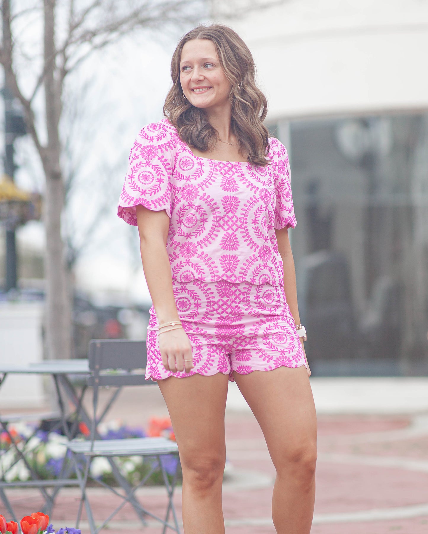 Rose Embroidered Scallop Shorts-Magenta