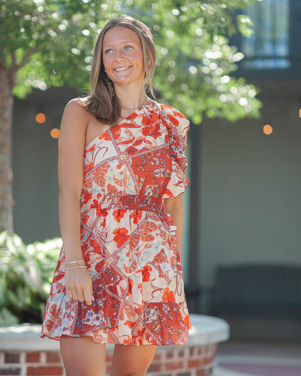 Gianna One Shoulder Mini Dress-Rust