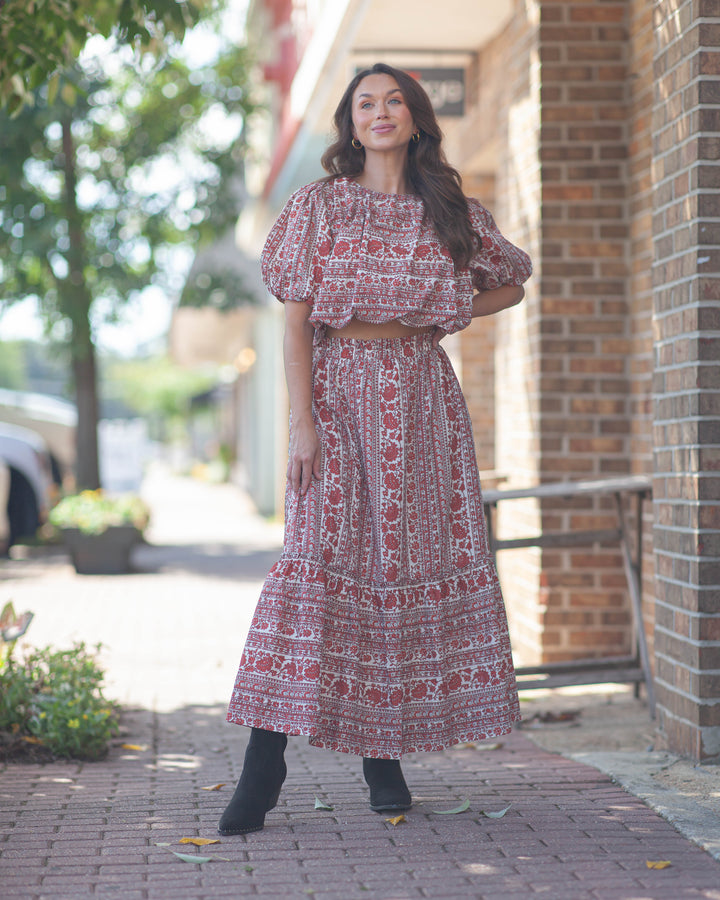 Clara Floral Midi Skirt-Red