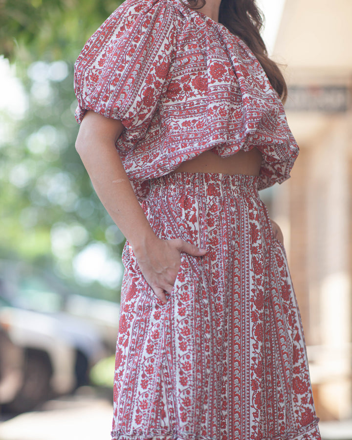 Clara Floral Midi Skirt-Red