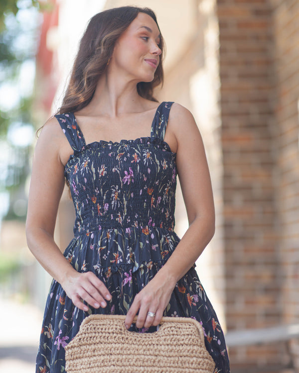 Destiny Floral Smocked Dress-Navy