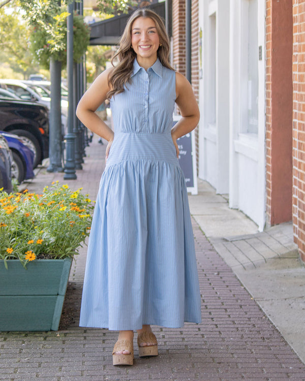 Nicole Striped Midi Dress-Blue