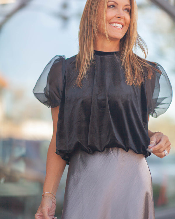 Saige Puff Sleeve Velvet Blouse-Black