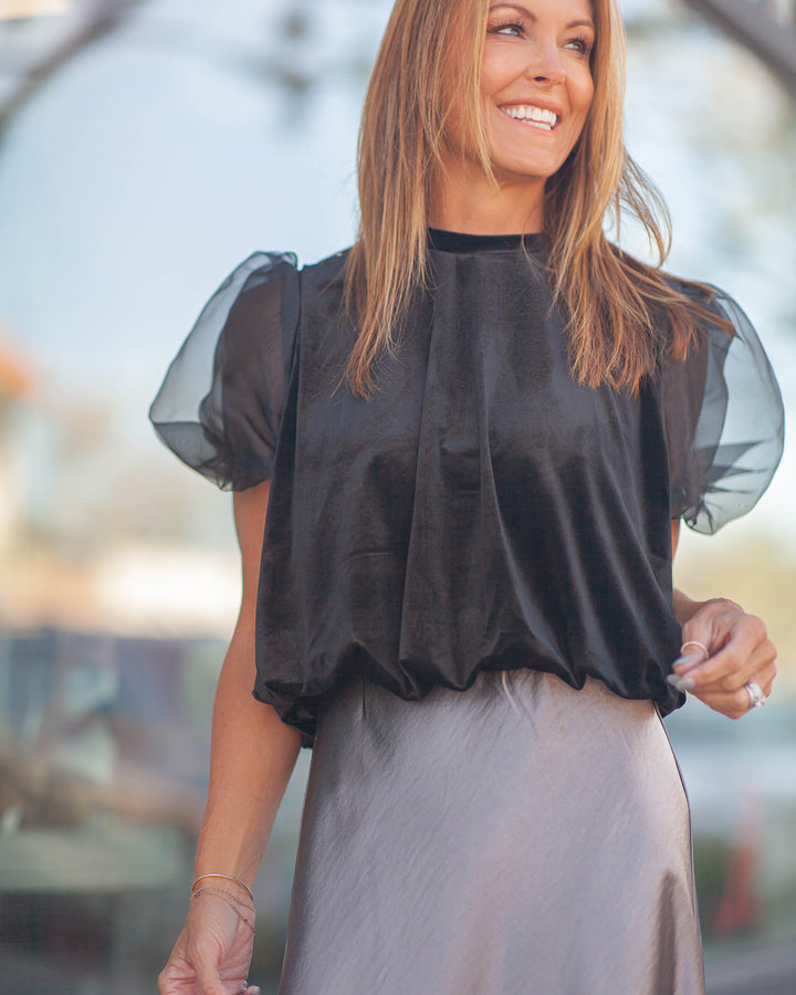 Saige Puff Sleeve Velvet Blouse-Black