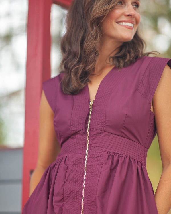 Briana Zip Front Midi Dress-Wine