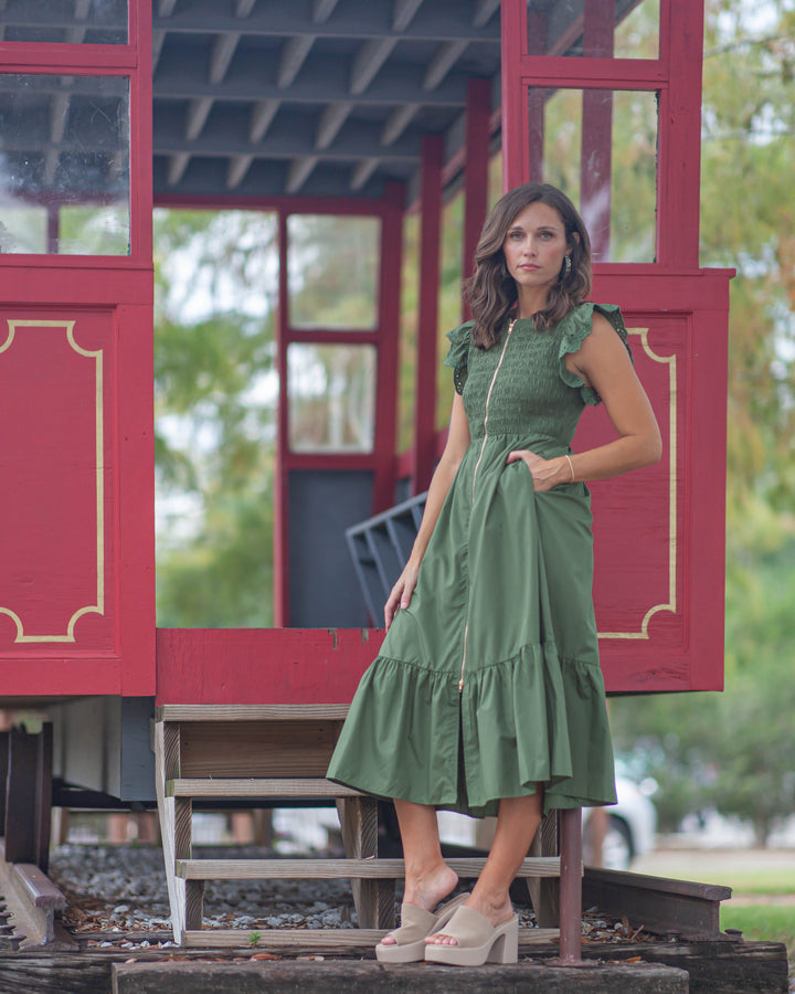 Emily Smocked Midi Dress-Olive