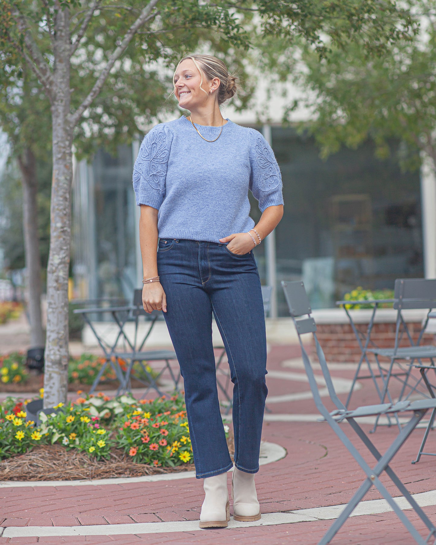 Liza Floral Detail Sweater Top-Blue