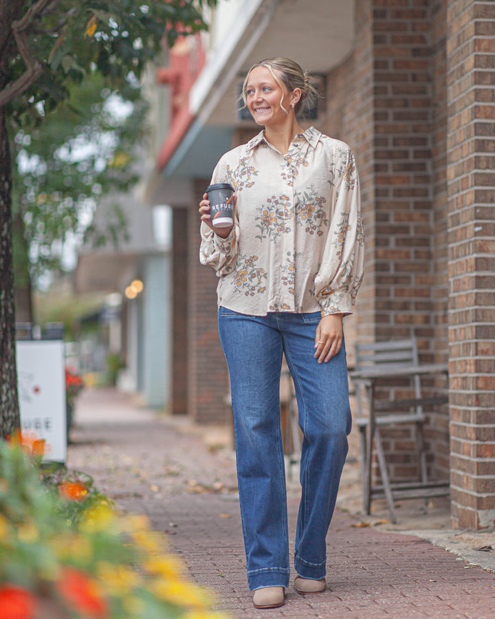 Ellie Floral Top-Ecru