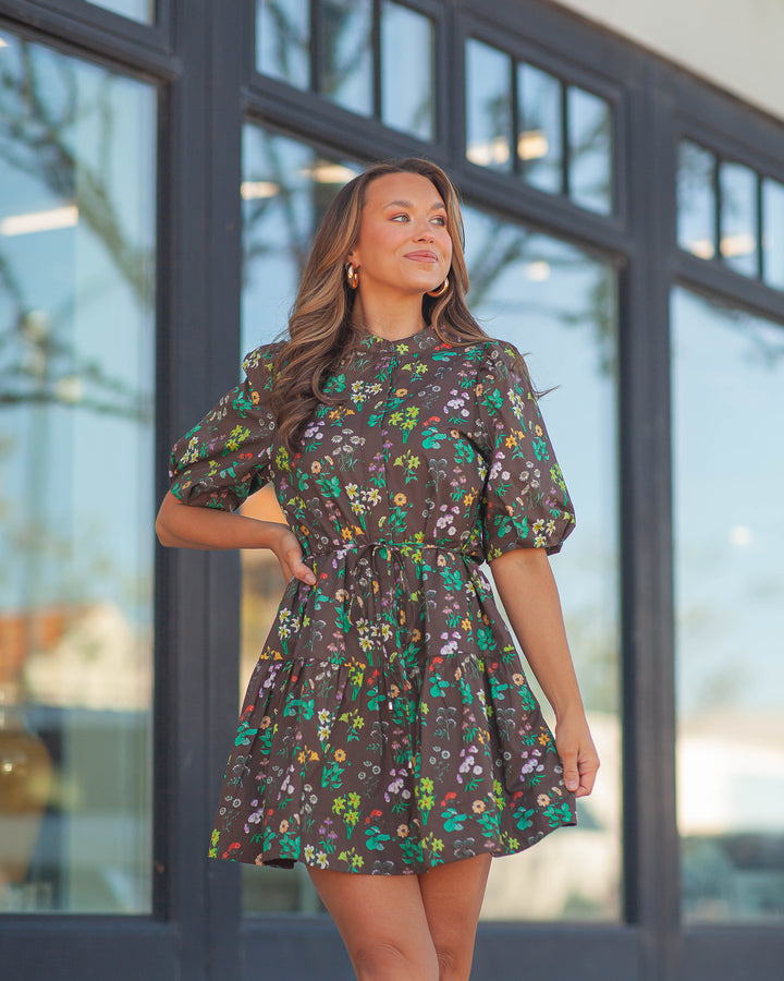 Hazel Floral Bubble Sleeve Dress-Brown