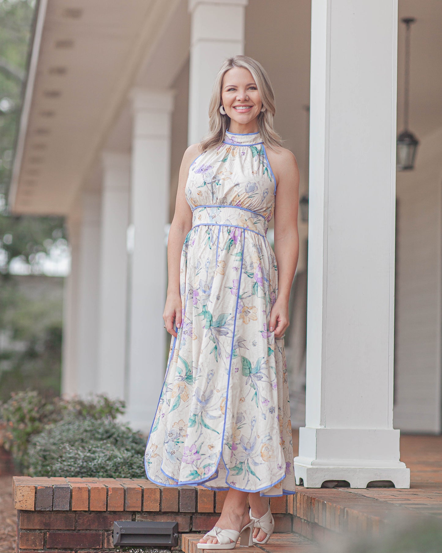 Allison Floral Halter Midi Dress-Ecru