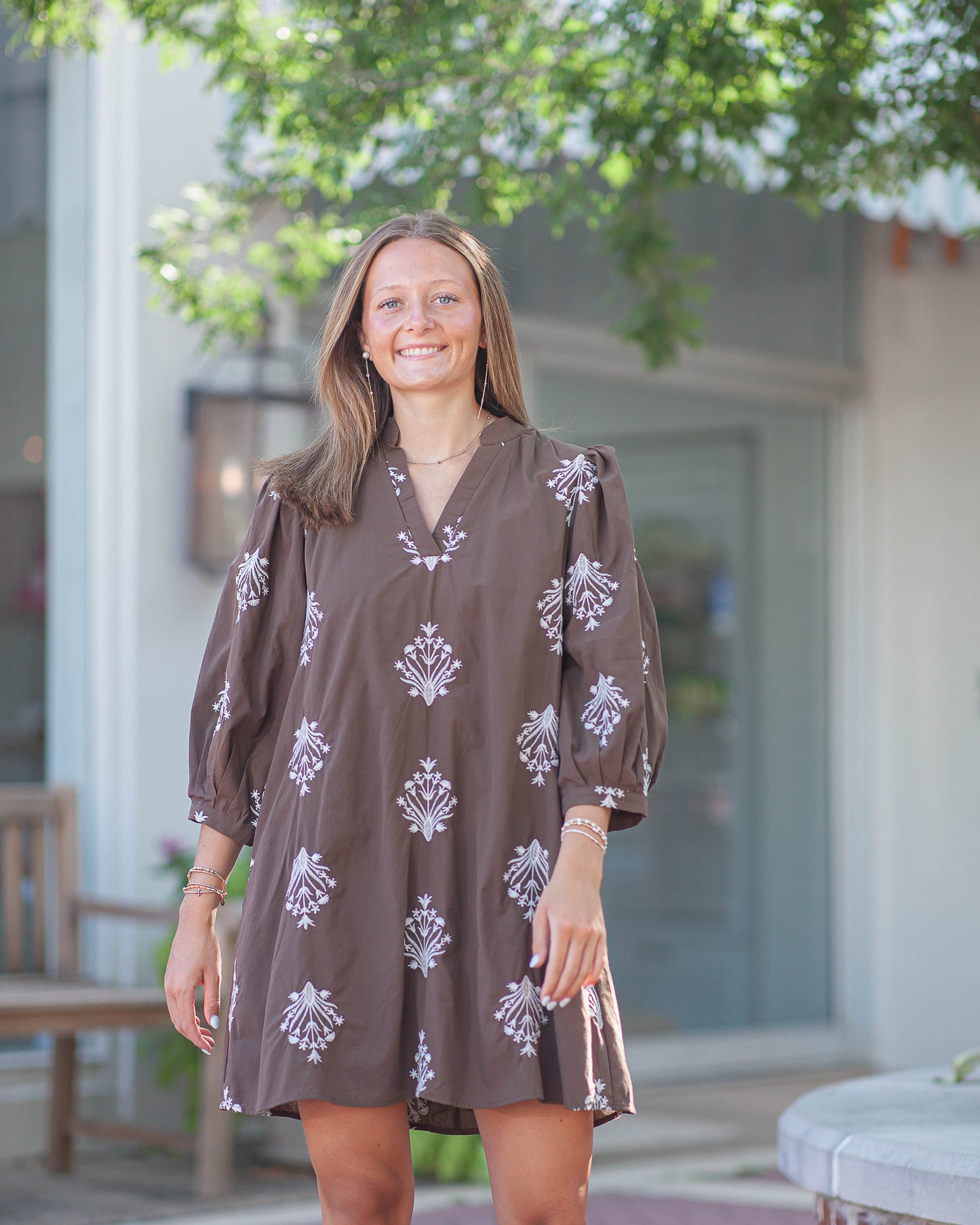 Avery Embroidered Mini Dress-Brown