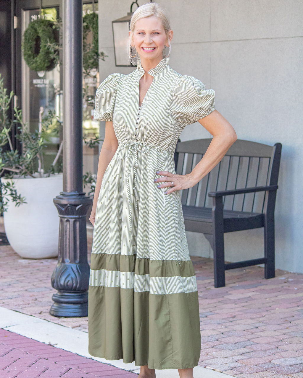 Melissa Puff Sleeve Midi Dress-Olive