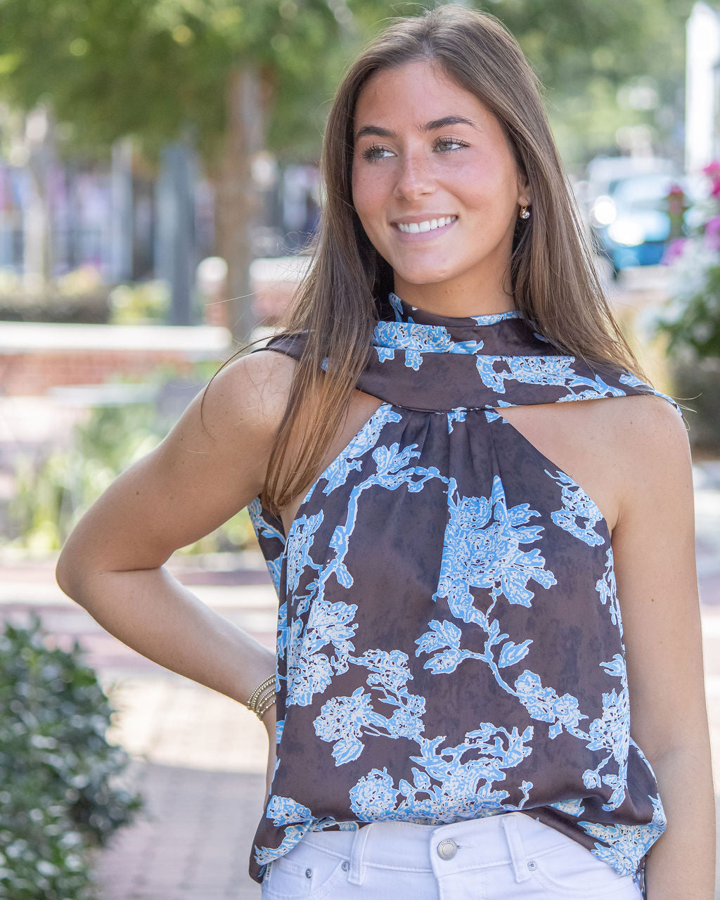 Hadley Floral Drape Neck Top-Brown