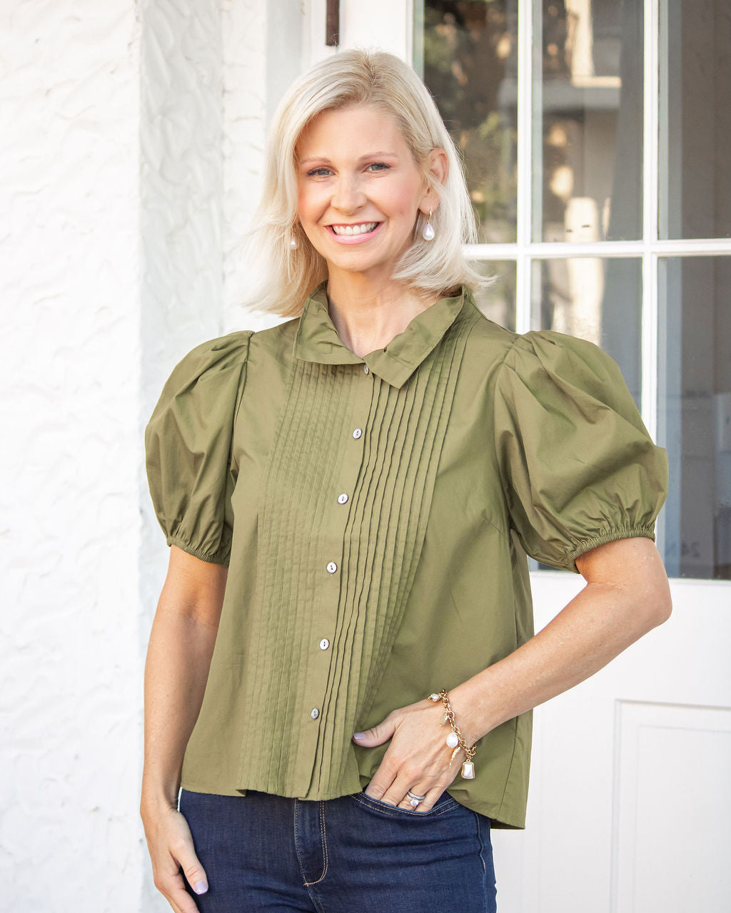 Chandler Pintuck Top-Olive