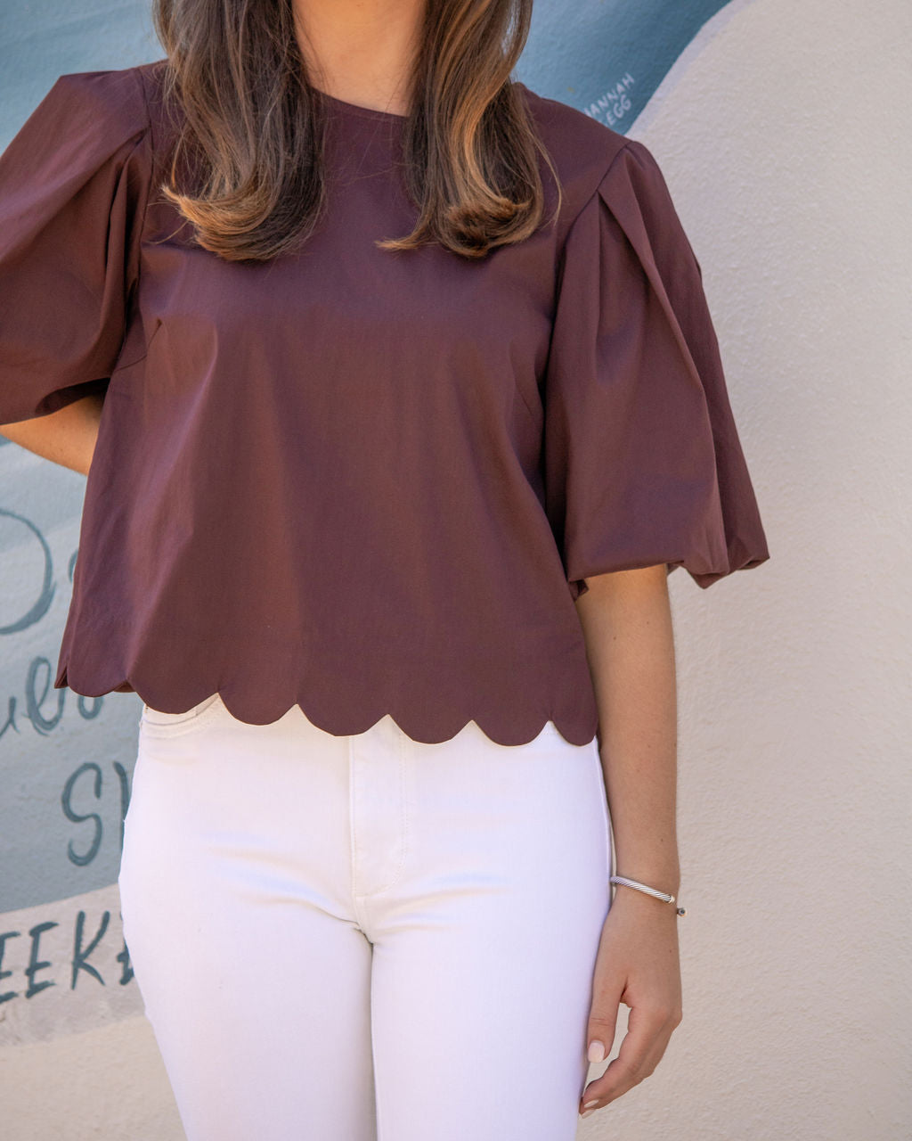 Alyssa Scallop Hem Top-Brown