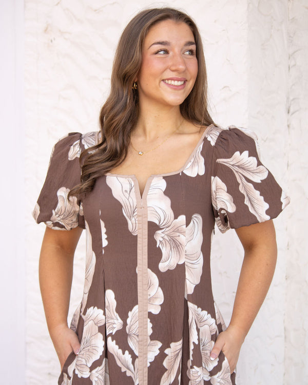 Bella Puff Sleeve Midi Dress-Brown