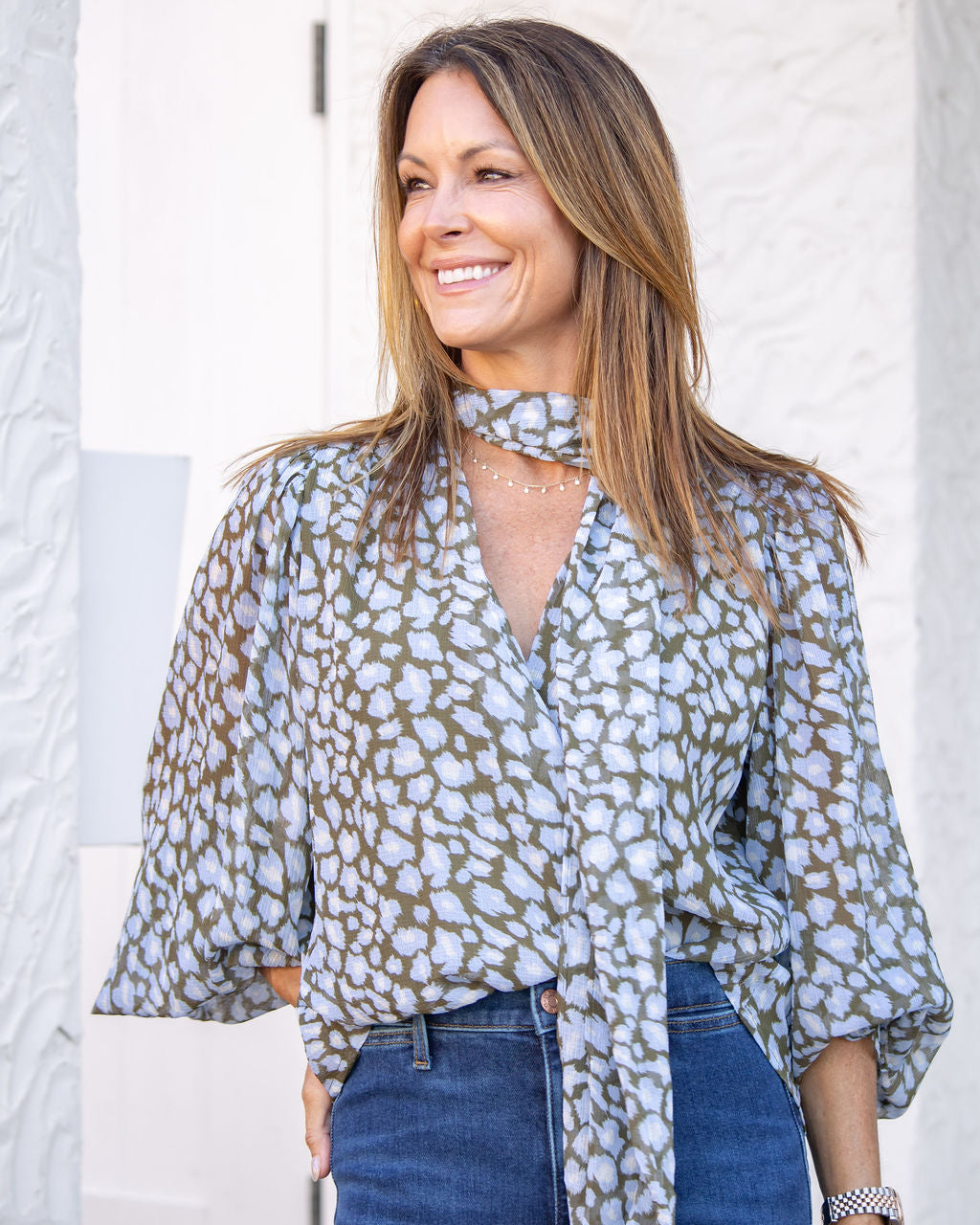 Corinne Balloon Sleeve Top-Blue