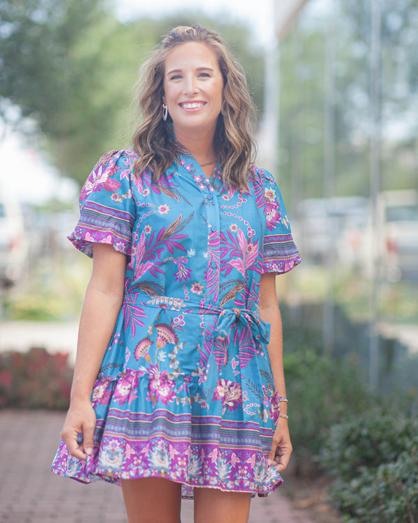 Elizabeth Ruffled V-Neck Dress-Teal