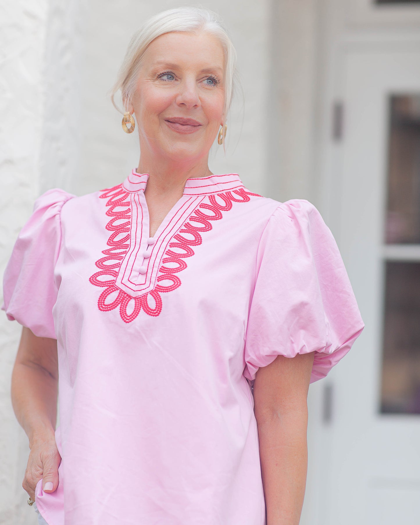 Katie Embroidered Top-Pink