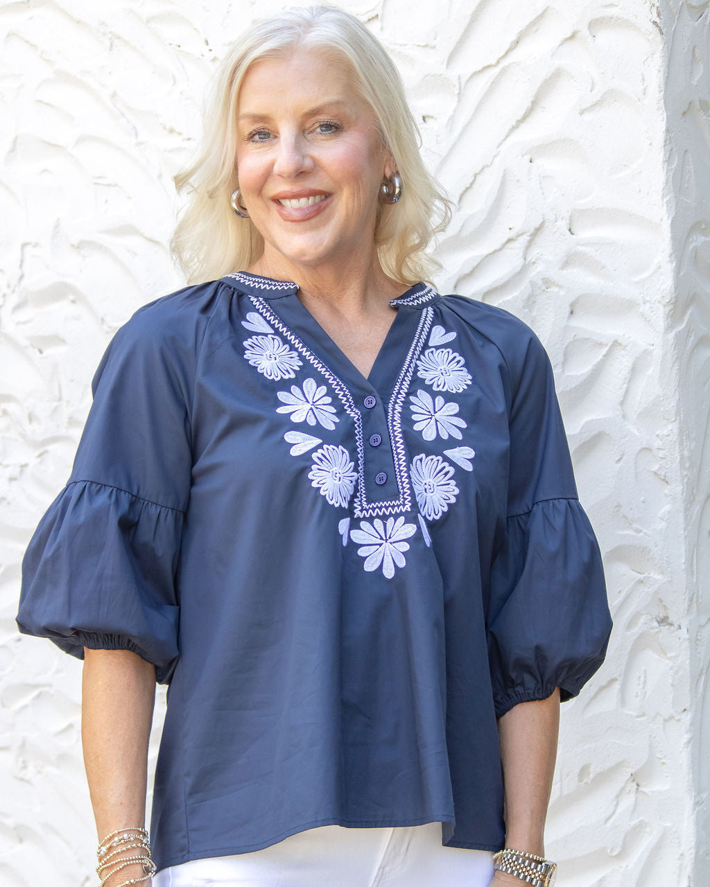 Lindsey Embroidered Top-Navy