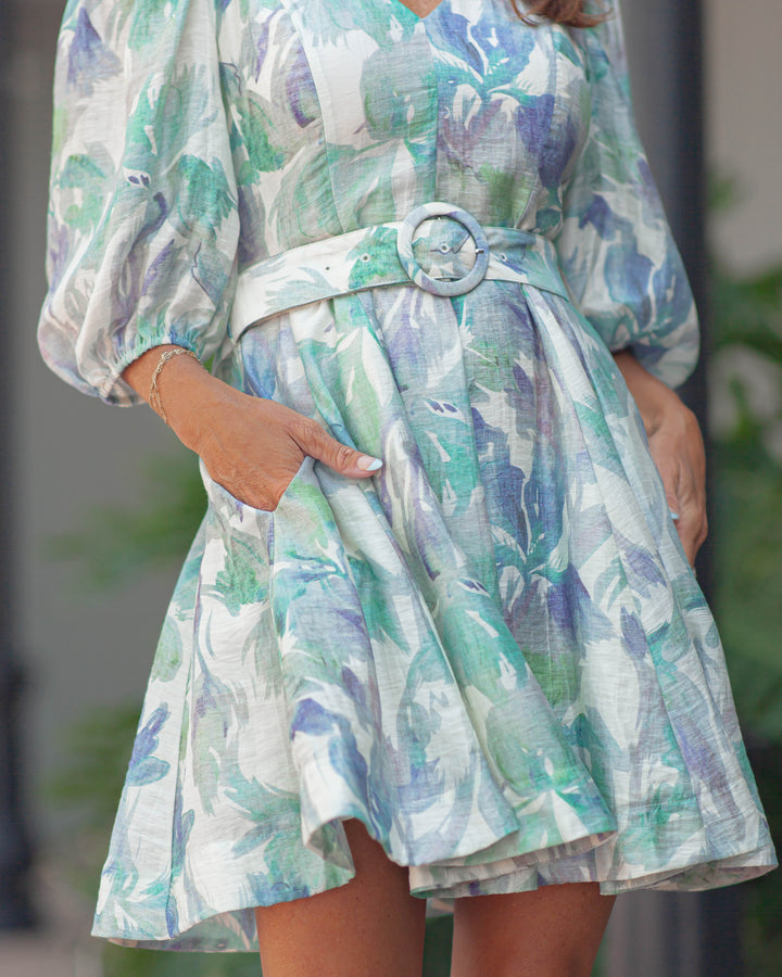 Alexis Belted Dress-Turq Floral