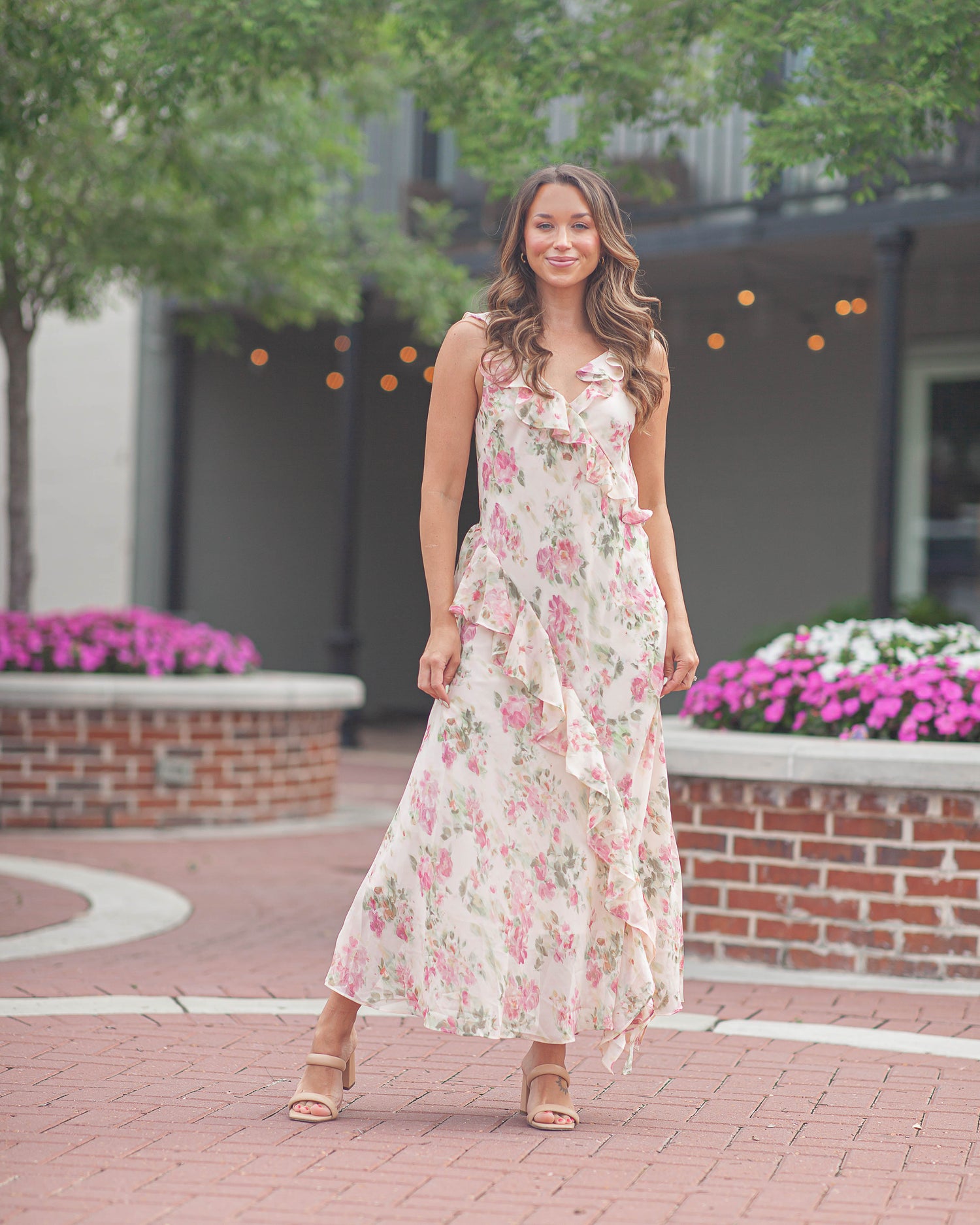 floral pink ruffle dress Petal and Pup Women's Rori Ruffle Maxi Dress