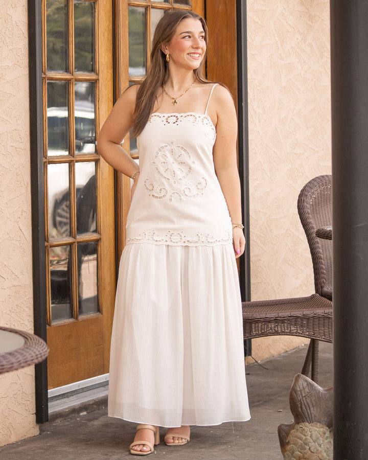 Emma Eyelet Detail Midi Dress-Cream