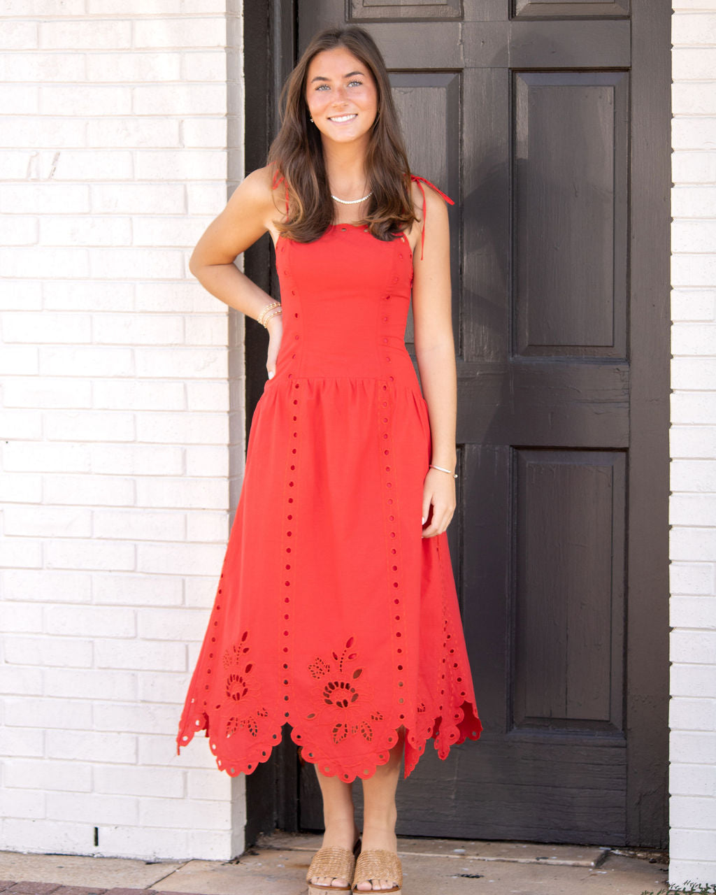 Ashley Eyelet Midi Dress-Red