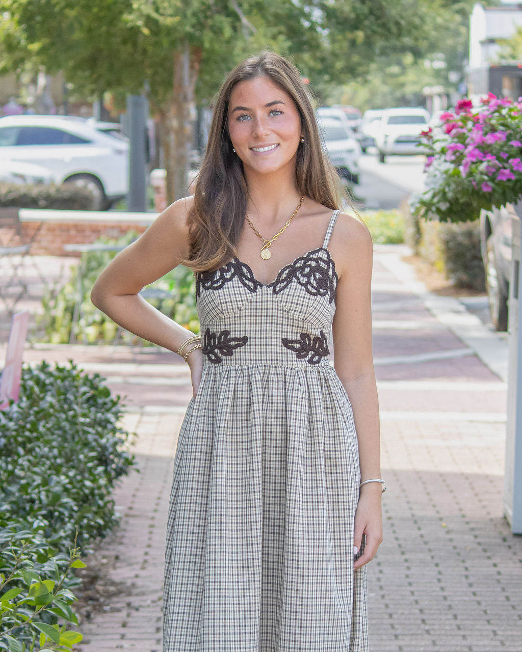 Jennifer Plaid Midi Dress-Brown