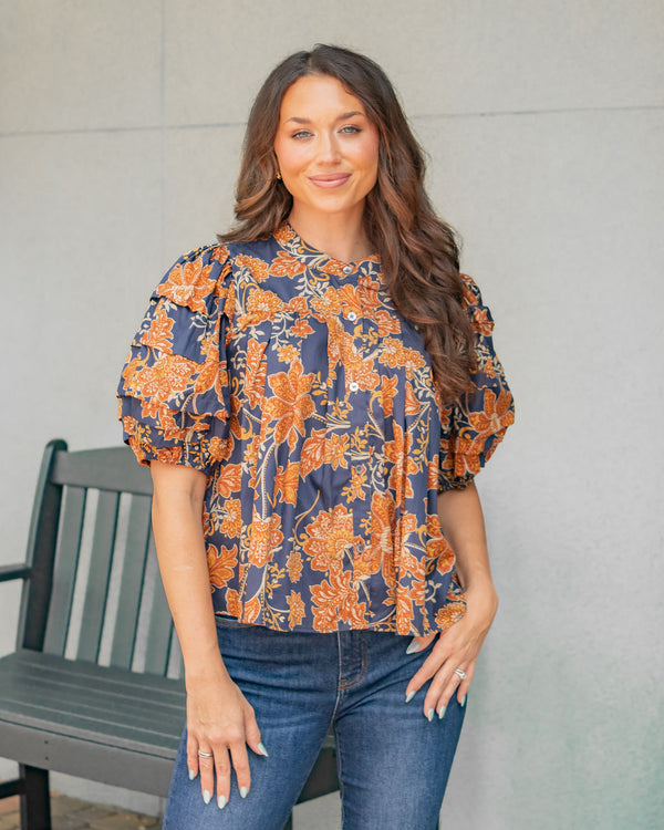 Zoey Floral Puff Sleeve Top-Navy