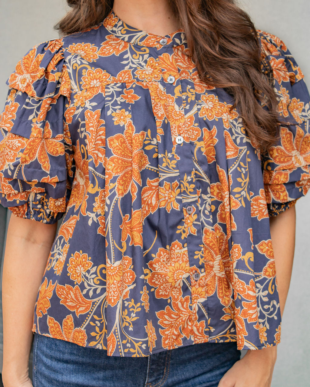 Zoey Floral Puff Sleeve Top-Navy