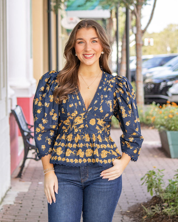Arya Puff Sleeve Blouse-Navy