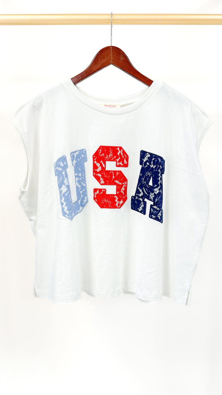 USA Lace Letter Top-White