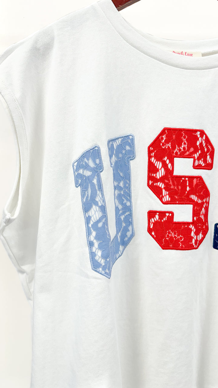 USA Lace Letter Top-White