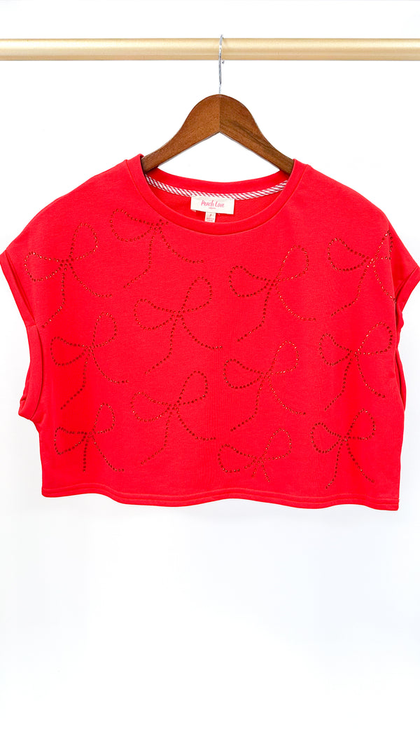 Karlie Rhinestone Bow Crop Tee-Red