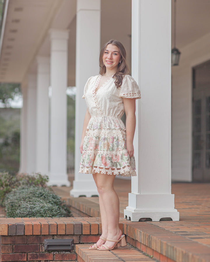 Leah Floral Eyelet Trim Mini Dress-Cream