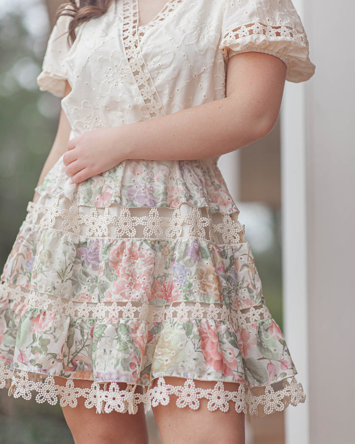 Leah Floral Eyelet Trim Mini Dress-Cream