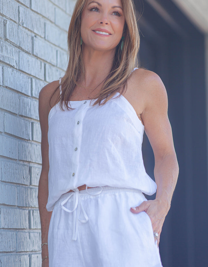Nikki Button Front Tank-White Linen