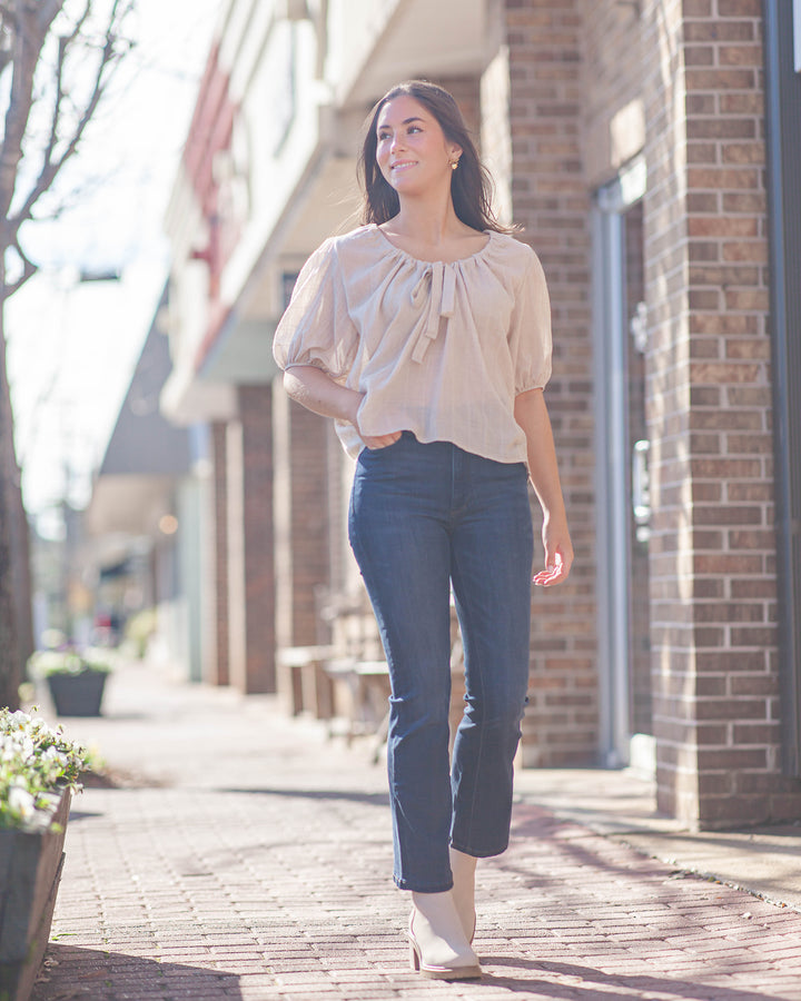 Day's End Front Tie Blouse-Taupe