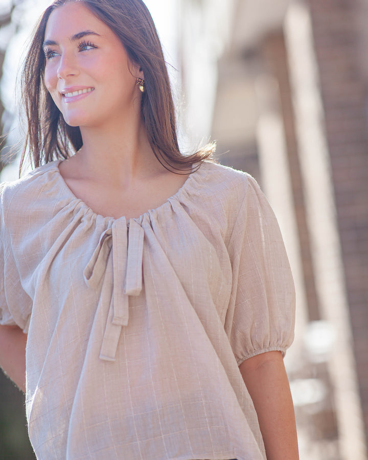 Day's End Front Tie Blouse-Taupe