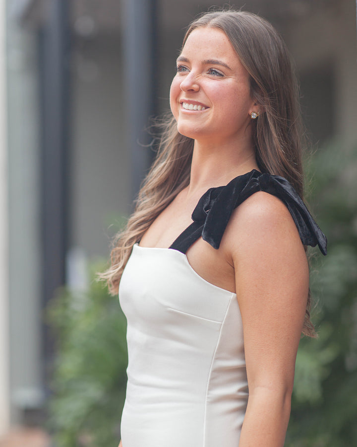 Flirtation Shoulder Tie Mini Dress-White