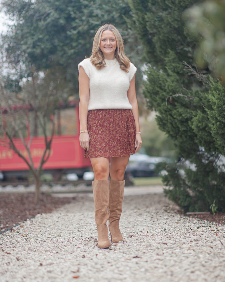 Candlelight Pleated Mini Skirt-Burgundy