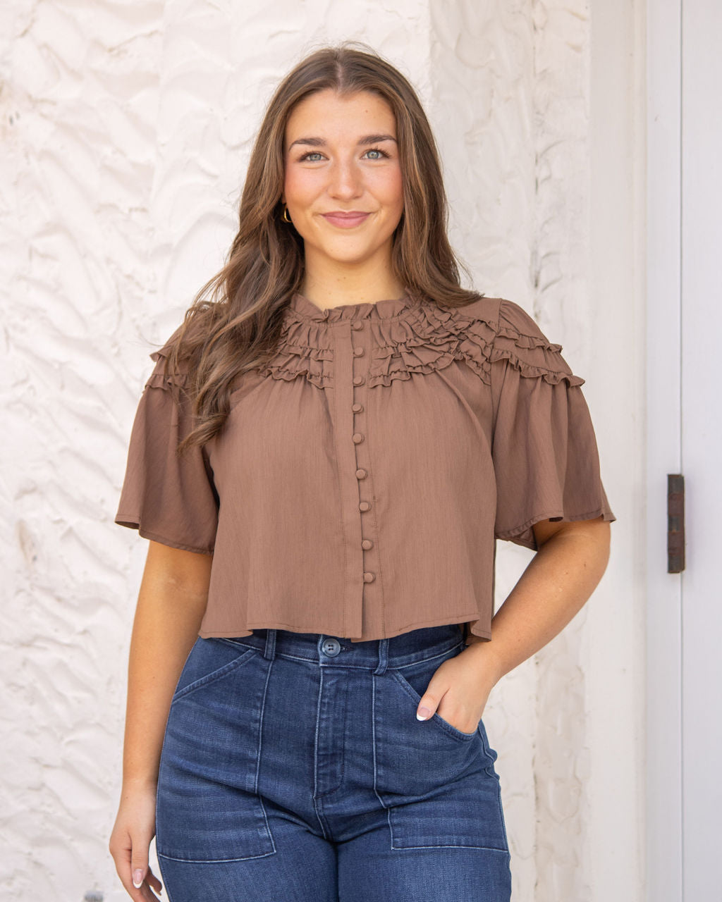 Morgan Flutter Sleeve Top-Brown