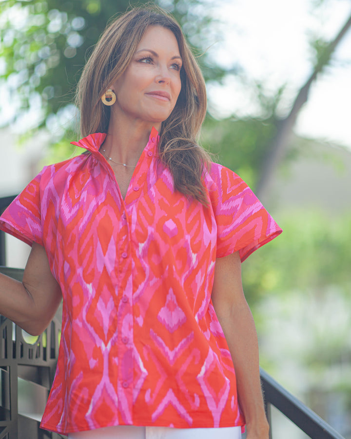 Blevin Ikat Mock Neck Top-Pink
