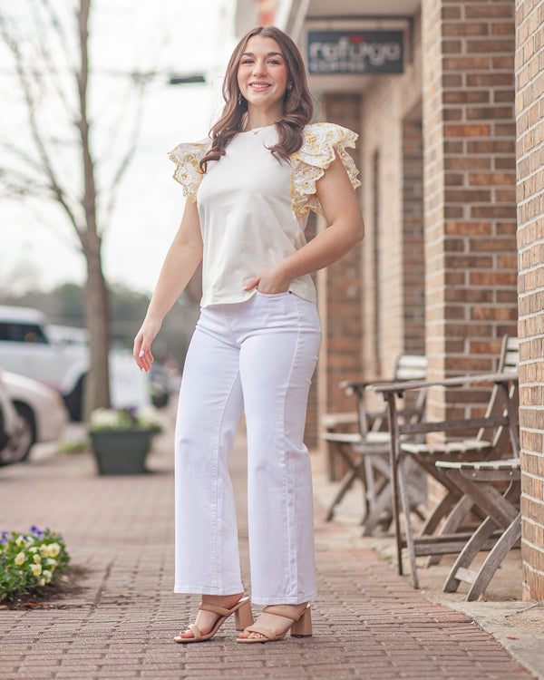 Keny Eyelet Knit Top-Yellow/White