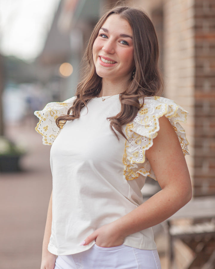 Keny Eyelet Knit Top-Yellow/White