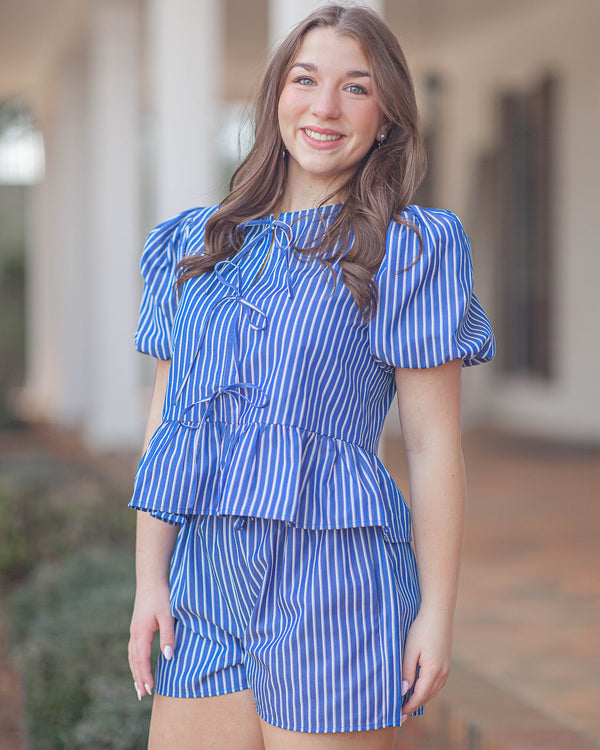 Vesta Striped Bow Top-Blue